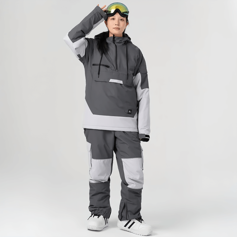 Unisex waterproof ski suit set SF2257 in gray, featuring a jacket and pants designed for extreme winter sports and cold conditions.